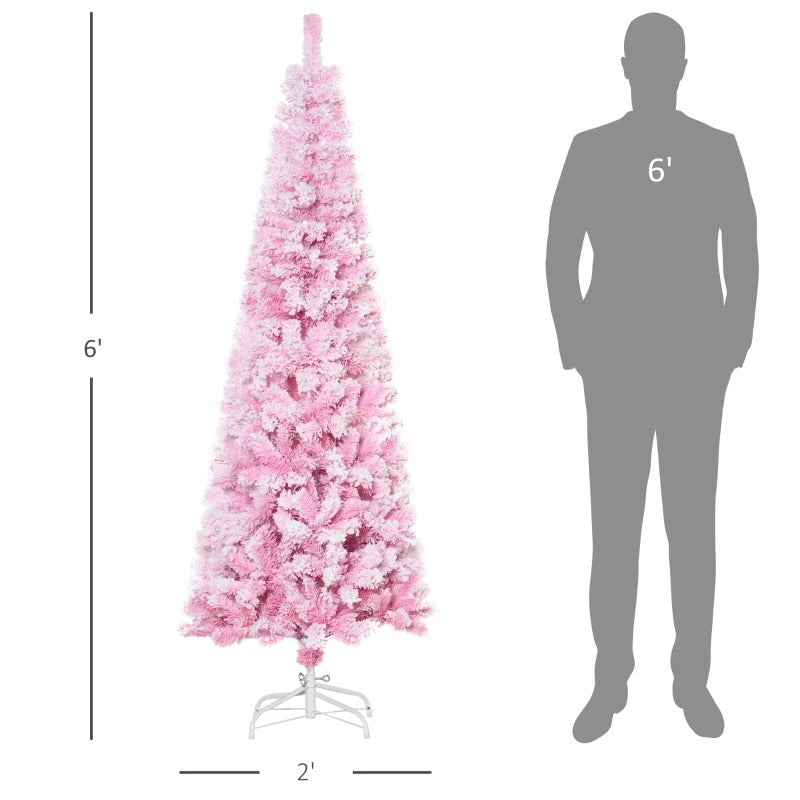 6ft 520-Tip Slim Snow Flocked Unlit Artificial Pencil Christmas Holiday Tree, Base Xmas, Pink