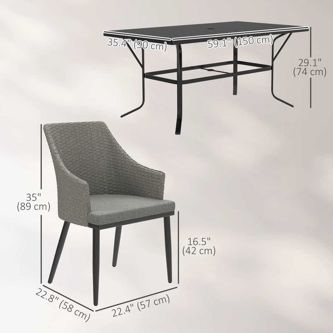 7pc, 6 Seat Chic Outdoor Patio Dining Set w Steel Slatted Table, Rattan Chairs, Umbrella Hole, Grey