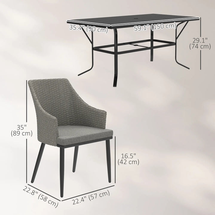 7pc, 6 Seat Chic Outdoor Patio Dining Set w Steel Slatted Table, Rattan Chairs, Umbrella Hole, Grey