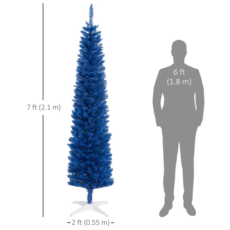 7ft 500-Tip Unlit Slim Pencil Artificial Christmas Holiday Tree w Base, Xmas Decor, Deep Blue