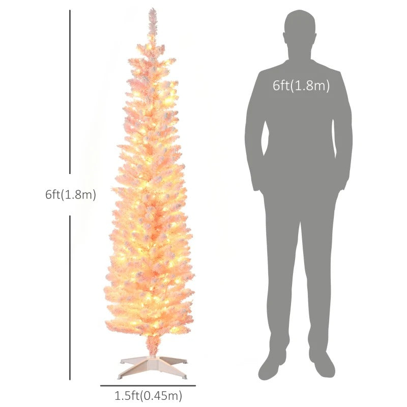 6ft 360-Tip Pre-lit Snow Flocked Artificial Pencil Christmas Holiday Tree, 200 LED Lights, Pink