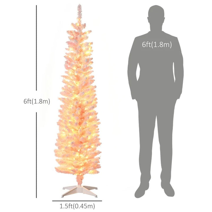 6ft 360-Tip Pre-lit Snow Flocked Artificial Pencil Christmas Holiday Tree, 200 LED Lights, Pink