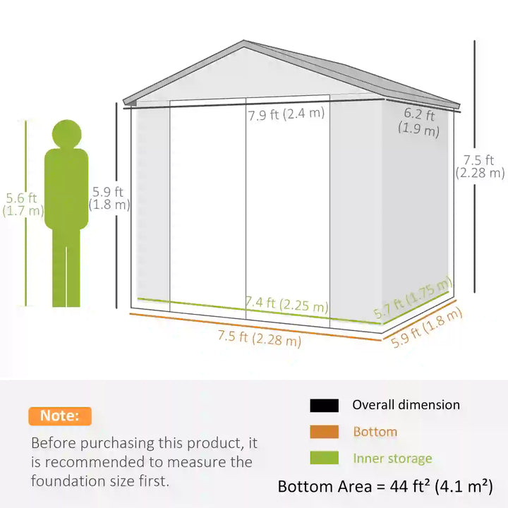 8' x 6' PP Plastic Resin & Aluminum Outdoor Tool Bike Storage Shed, Swing Doors, Patio Garden, Grey