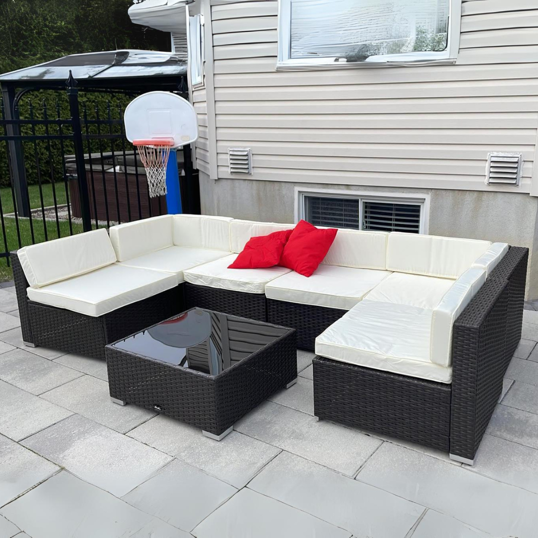 7pc PE Rattan Wicker Sectional Conversation Set w/ Cushions Outdoor Patio - Coffee, Cream White