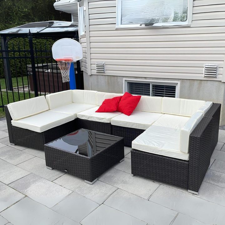 7pc PE Rattan Wicker Sectional Conversation Set w/ Cushions Outdoor Patio - Coffee, Cream White