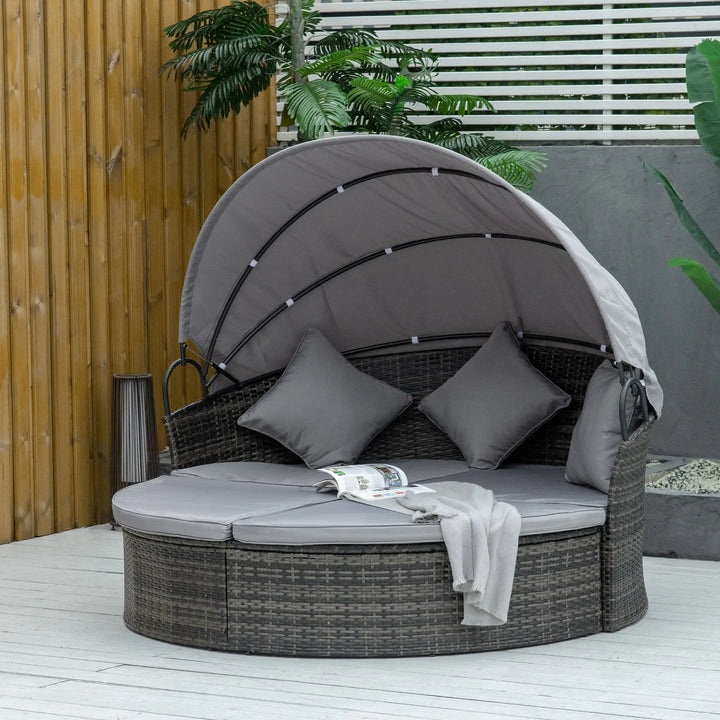 2pc Rattan Wicker Round Canopy Daybed Lounger Outdoor Patio Sofa Plus Bench w Cushions, Mixed Grey