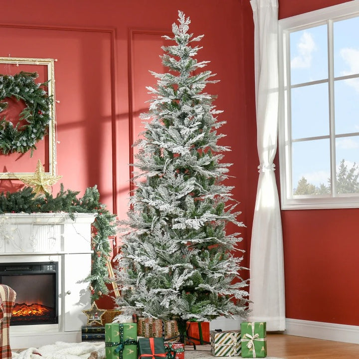 7.5ft 880-Tip Unlit Frosted Realistic Christmas Holiday Xmas Tree, Cypress Branches, Snow Green