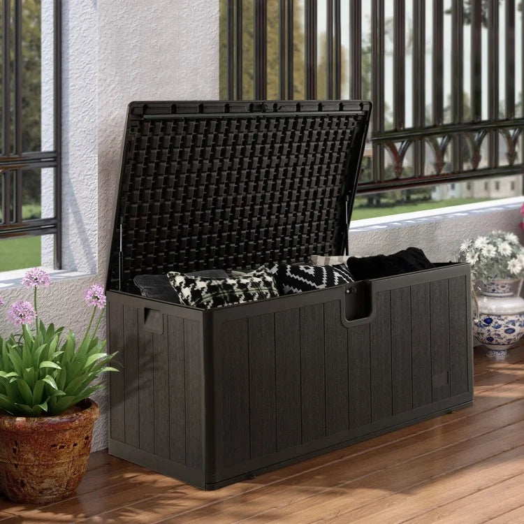 50" 130 Gal Plastic All Weather Deck Box w Lockable Lid, Storage Container Outdoor Patio, Brown