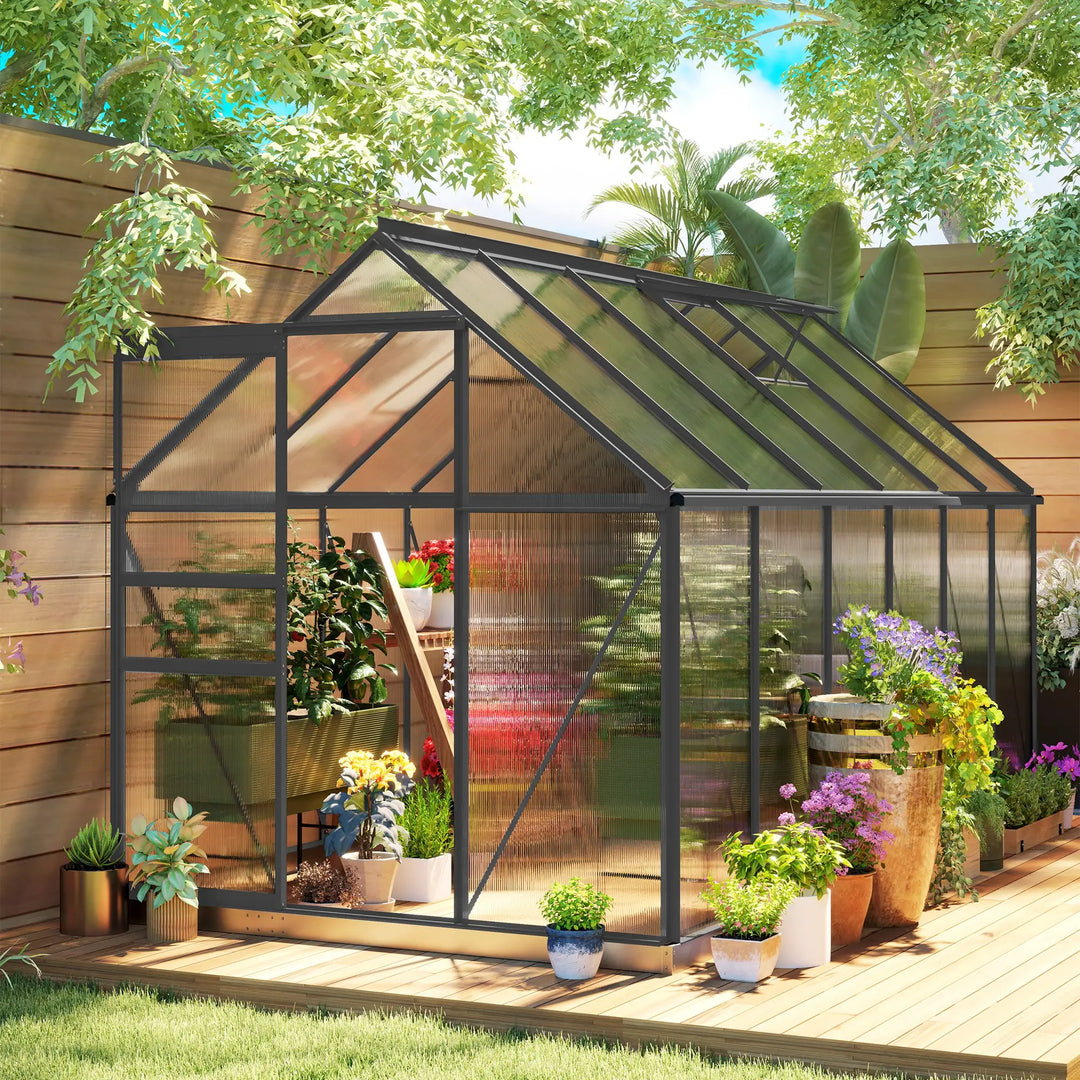 12' x 6' x 6.5' Walk-in Grey Aluminum PC Hard Side Greenhouse w Foundation Outdoor Plants Gardening