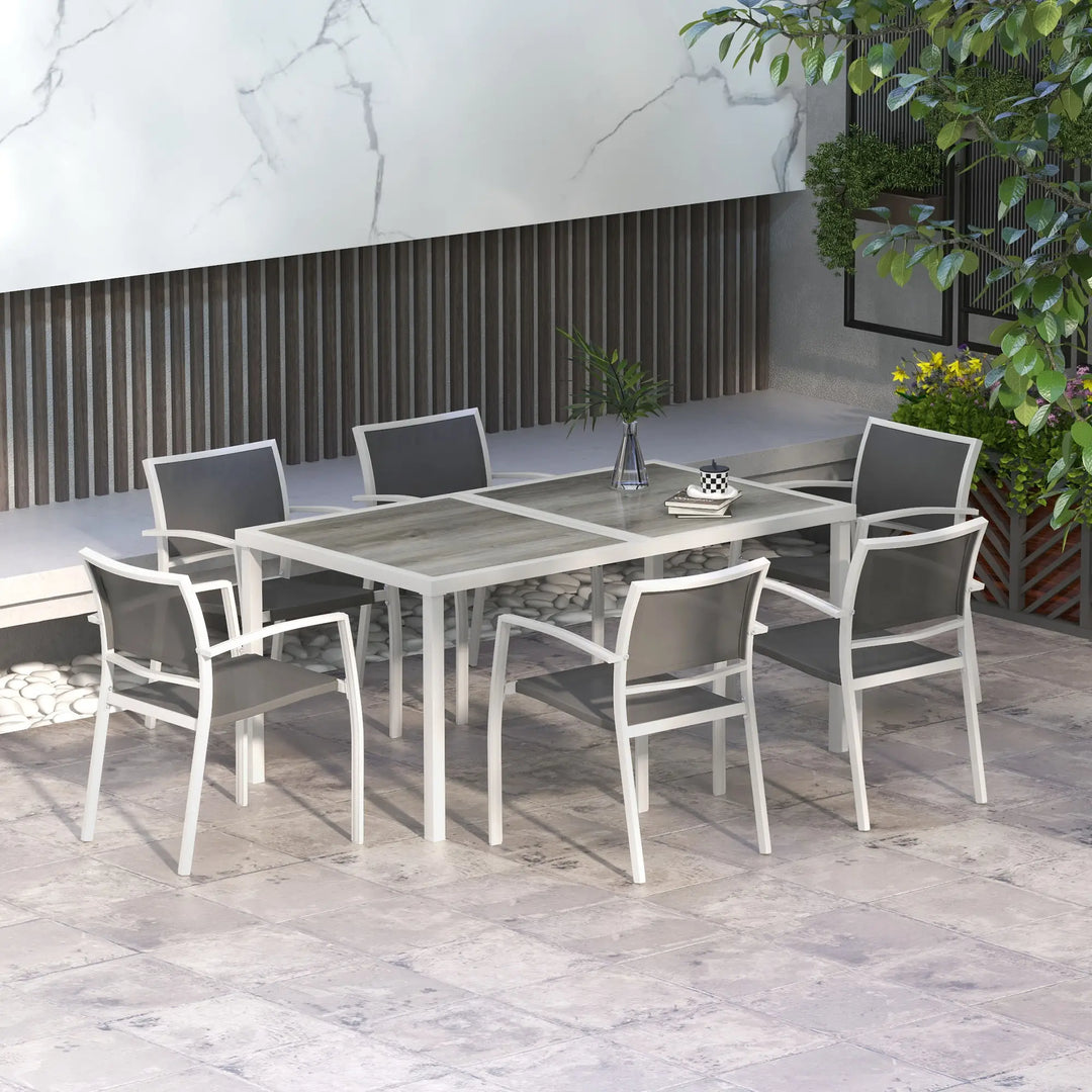 7pc, 6-Seat Steel Outdoor Patio Dining Set w Composite Tabletop, 6 Stackable Chairs, White, Grey
