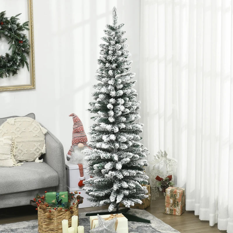 NEW 6ft 390-Tip Unlit Snow Flocked Slim Pencil Artificial Christmas Holiday Fake Xmas Tree, Green