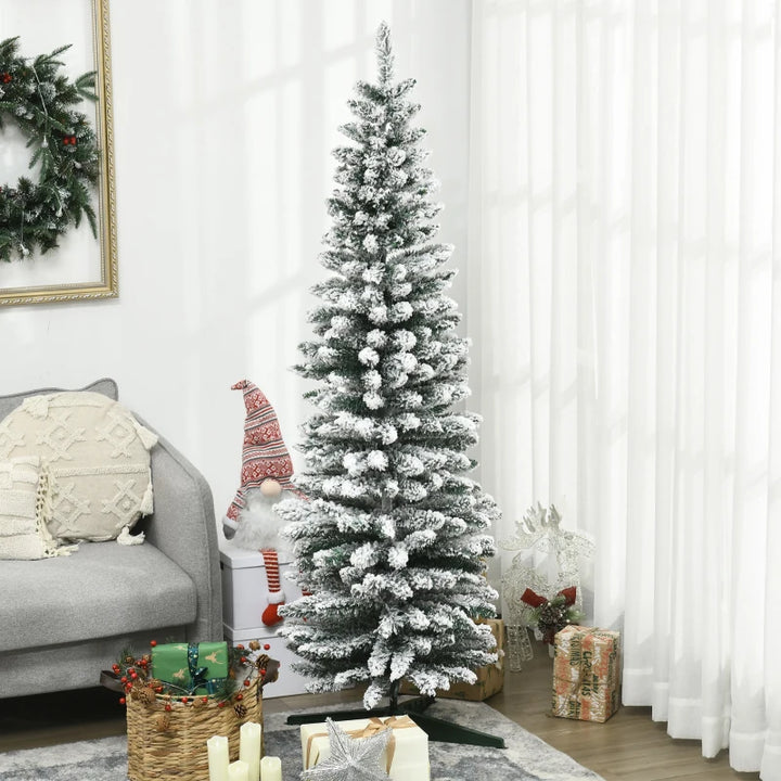 NEW 6ft 390-Tip Unlit Snow Flocked Slim Pencil Artificial Christmas Holiday Fake Xmas Tree, Green