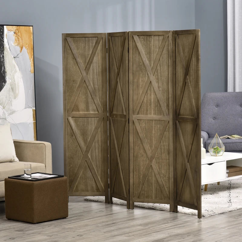 4-Panel Farmhouse Wood Room Divider Privacy Screen Partition w Barndoor Design, Rustic Brown