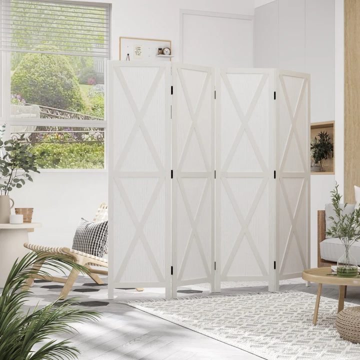 4-Panel Farmhouse Wooden Room Divider Privacy Screen Partition w Barndoor Design, Rustic White