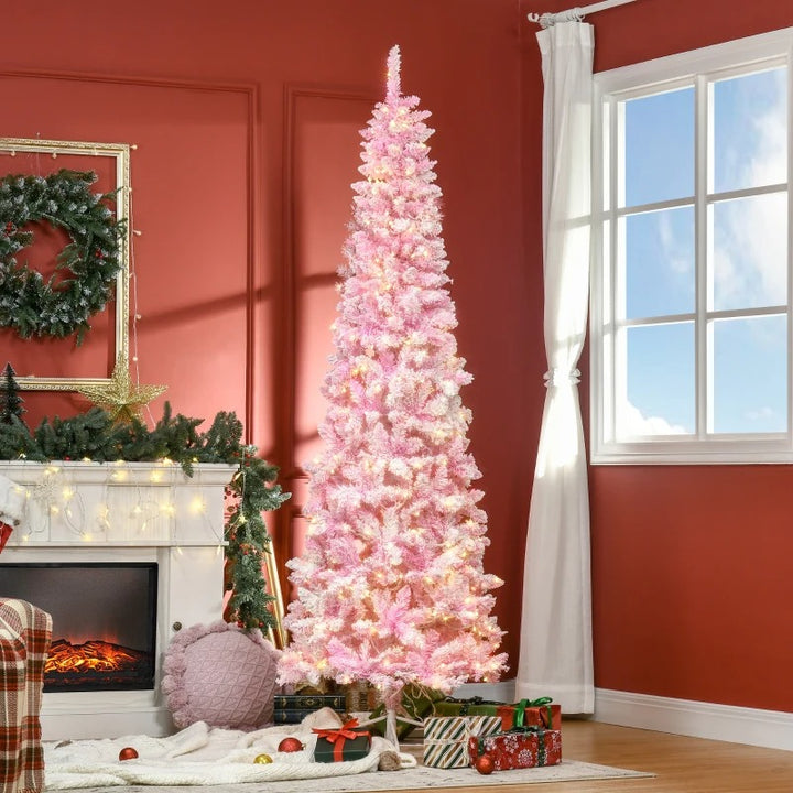 7.5ft 700-Tip Pre-lit Lush Slim Artificial Pencil Christmas Holiday Tree w 350 LED Lights, Pink
