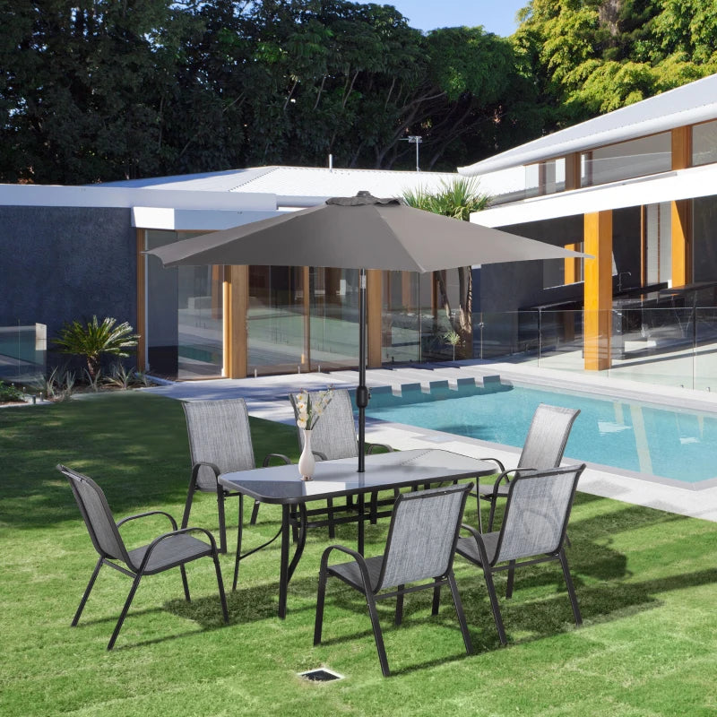 8pc Outdoor Dining Patio Set, 6 Sling Armchairs Glass Table, 8.5' Tilting Umbrella Canopy, Grey