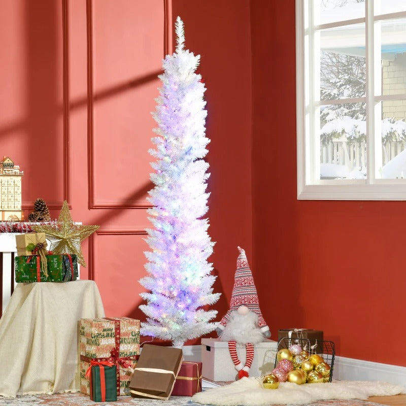6ft Pre-lit Ultra Slim Pencil Christmas Holiday Tree w 200 Multicolour Lights, Iridescent White