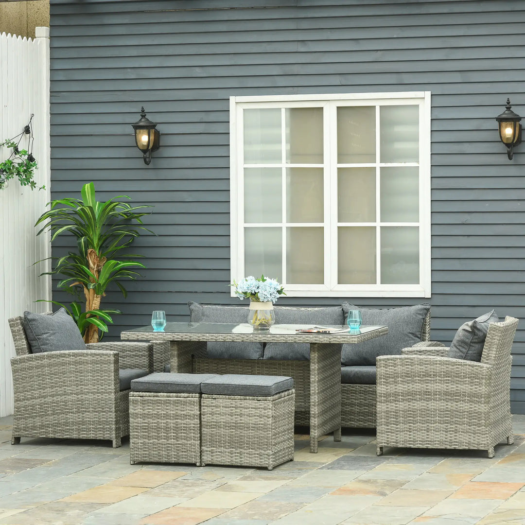6pc 7-seat Premium PE Rattan Wicker Outdoor Dining Table Patio Furniture Set w Cushions, Mixed Grey