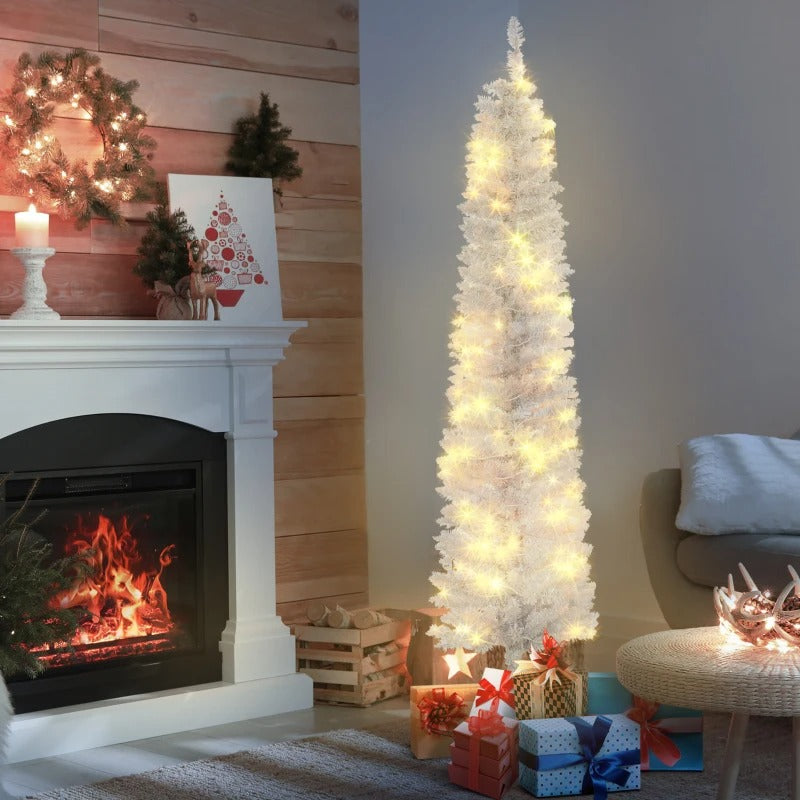 6ft 395-Tip Pre-lit Ultra Slim Pencil Artificial Christmas Holiday Tree w 100 LED Lights, White