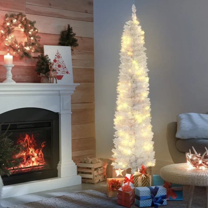 6ft 395-Tip Pre-lit Ultra Slim Pencil Artificial Christmas Holiday Tree w 100 LED Lights, White