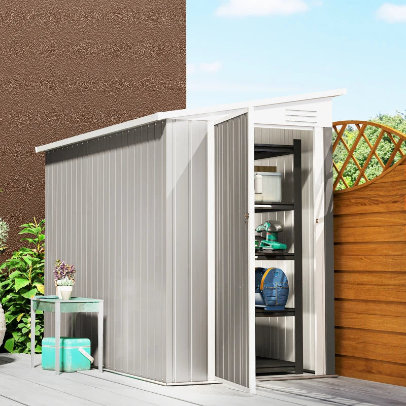 8' x 4' Outdoor Lean To Steel Storage Garden Shed Tool Organizer w Swing Door, Vents, Light Grey