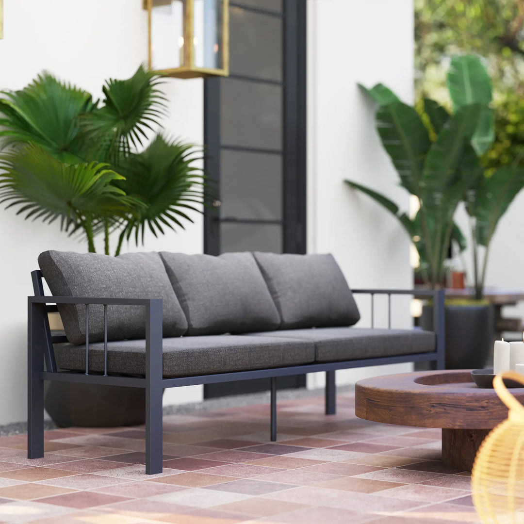 3-Seat Aluminum Conversation Sofa Couch w Cushions, Armrests for Balcony Deck Outdoor Patio, Grey