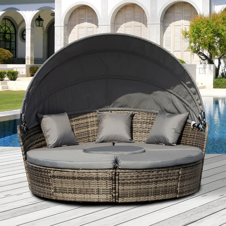 4pc PE Rattan Wicker Round Canopy Daybed Lounge Patio Conversation Set with Cushions - Grey