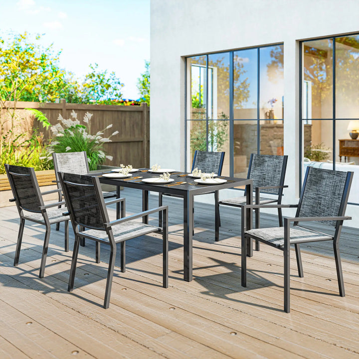 7pc, 6-Seat Steel Outdoor Patio Dining Set, Composite Tabletop, 6 Stackable Chairs, Black, Mix Grey