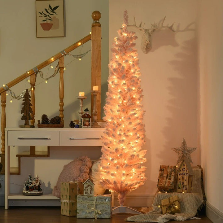 6ft 360-Tip Pre-lit Snow Flocked Artificial Pencil Christmas Holiday Tree, 200 LED Lights, Pink