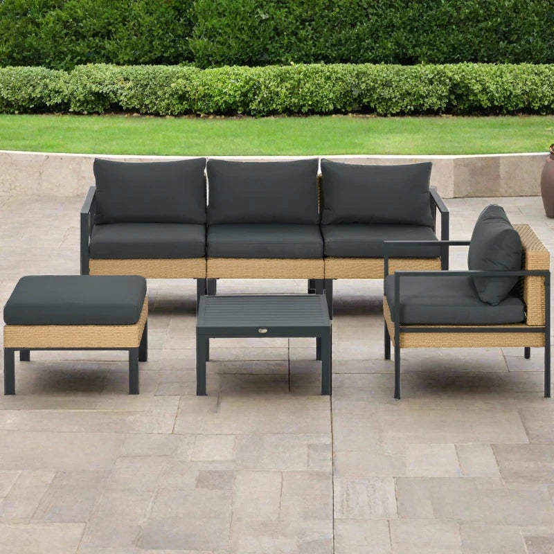 6pc Steel PE Rattan Wicker Outdoor Conversation Metal Sofa Patio Set w Cushions - Beige, Grey