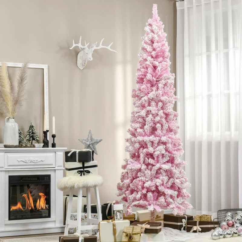 7.5ft 800-Tip Snow Flocked Unlit Artificial Pencil Christmas Holiday Tree, Xmas Decor, Pink