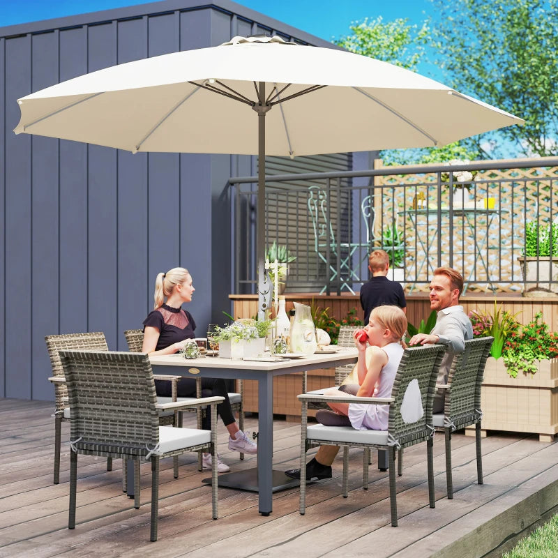 7pc, 6-Seat Rattan Wicker Compact Dining Set w Wood Tabletop, Cushions for Outdoor Deck Patio, Grey