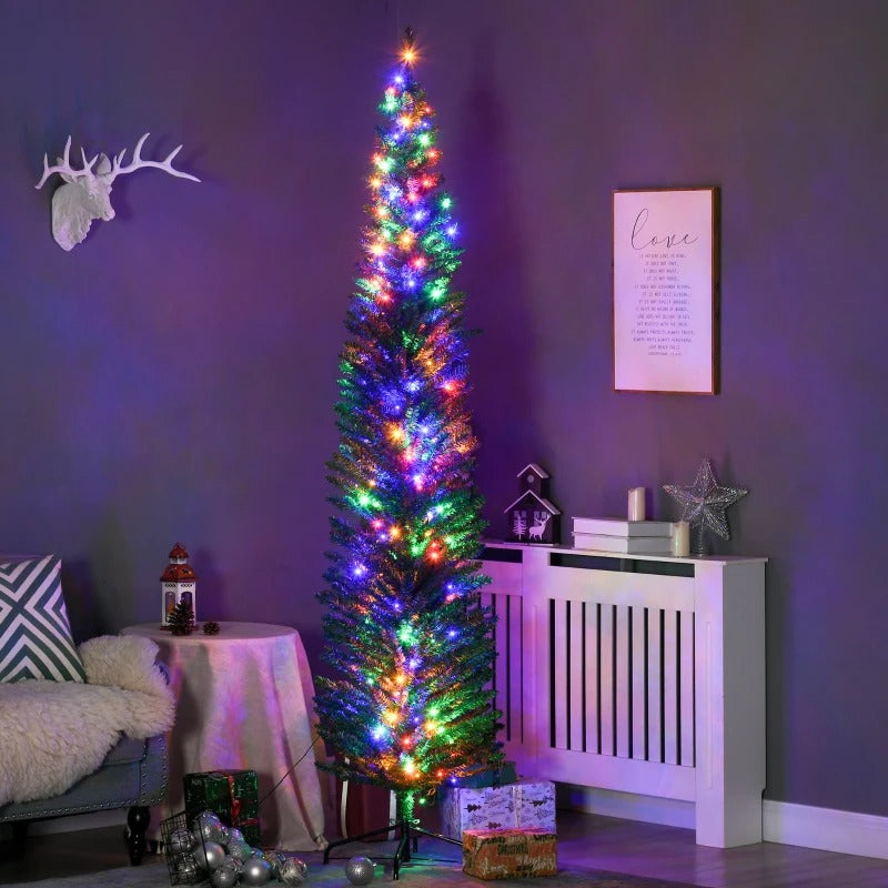7.5ft Pre-lit Ultra Slim Pencil Faux Christmas Holiday Tree w 200 Multicolour LED Lights, Green