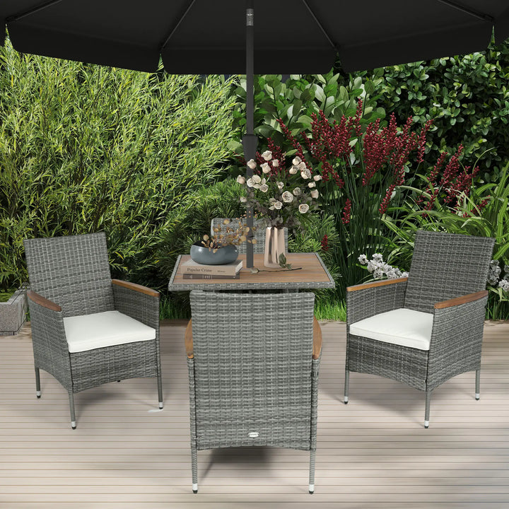 5pc Square PE Rattan Wicker Outdoor Dining Table Patio Set w 4 Chairs, Wood Top, Parasol Hole, Grey