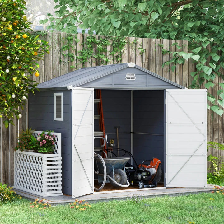 8' x 6' Resin PP Plastic Aluminum Outdoor Tool Storage Shed w Swing Doors, Patio Garden, Grey