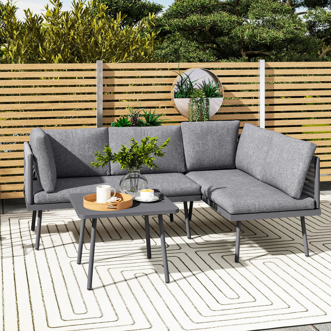 3pc, 4-Seat Steel Wicker L-Shape Sectional Conversation Love Seat Outdoor Patio Set w Table, Grey
