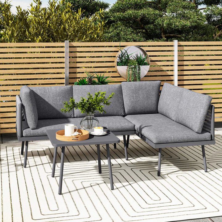 3pc, 4-Seat Steel Wicker L-Shape Sectional Conversation Love Seat Outdoor Patio Set w Table, Grey