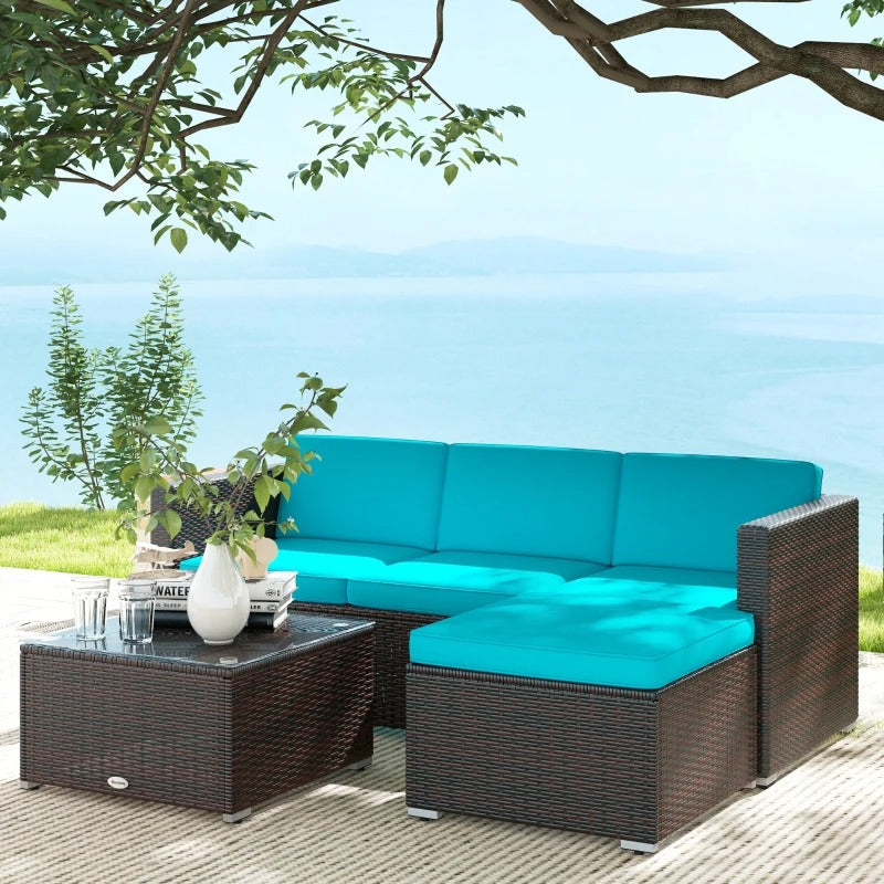 3pc Compact PE Rattan Wicker Conversation Sofa Set w/ Cushions Outdoor Patio - Brown, Turquoise