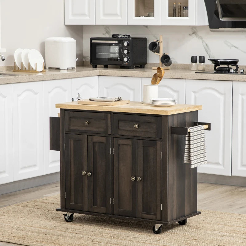 Rolling Farmhouse Kitchen Island Cart Storage Cabinet Sideboard w Wood Top, Dk Brown Woodgrain