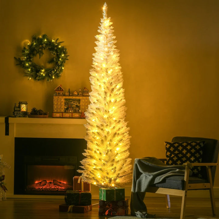 7ft 499-Tip Prelit Slim Pencil Artificial Christmas Holiday Tree, 200 Warm Lights, Xmas White