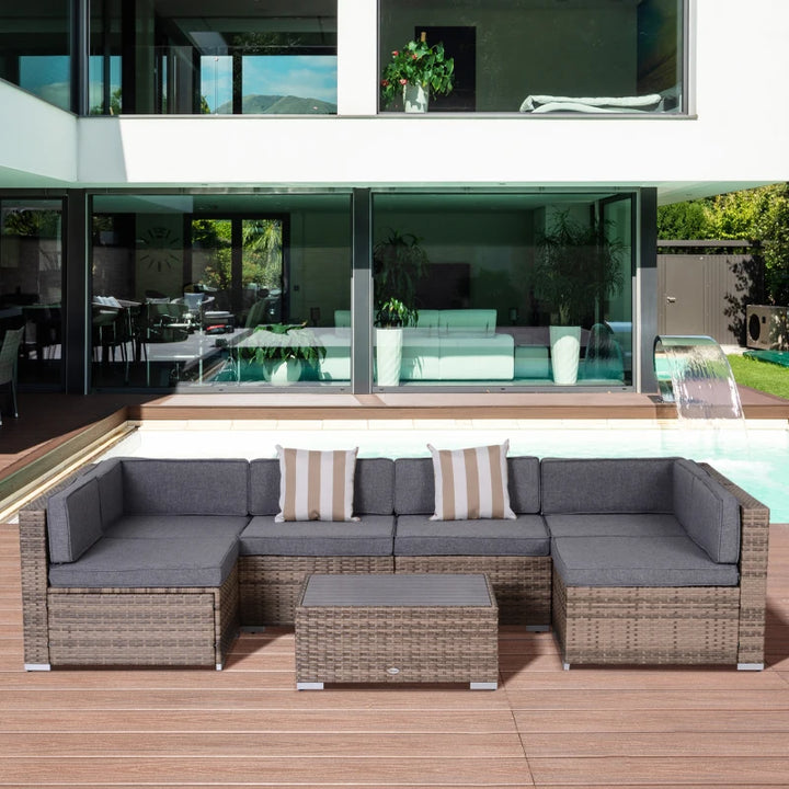 7pc PE Rattan Wicker Sectional Conversation Furniture Set w Cushions Outdoor Patio - Mixed Grey