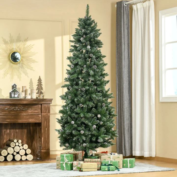 7.5ft 1119-Tip Unlit Slim Artificial Christmas Holiday Tree w Pine Cones, Snowy Tips Xmas Green
