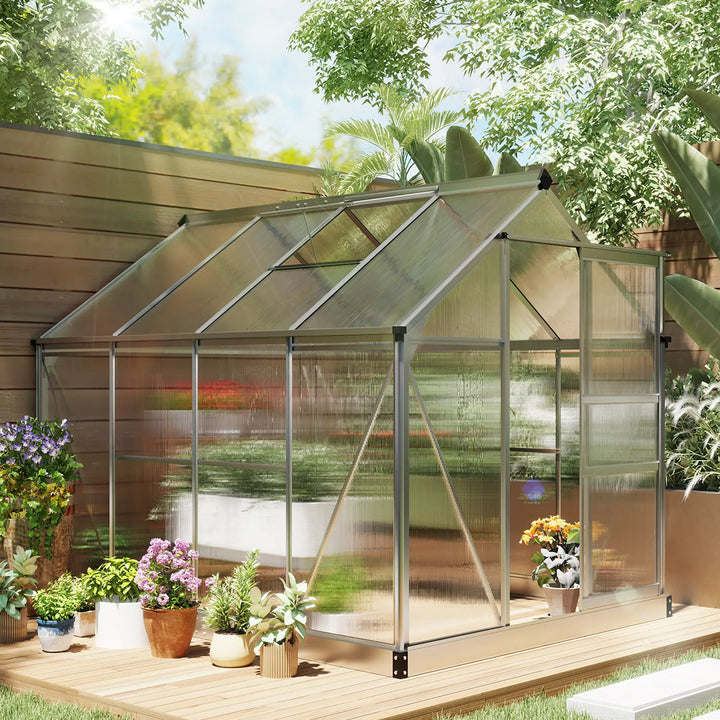 8' x 6' x 6.6' Walk-in Aluminum PC Hard Sided Greenhouse w Foundation for Outdoor Plants Gardening