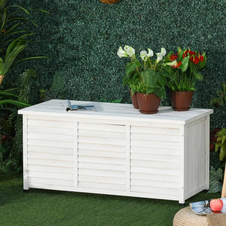 50" 75 Gal Fir Wood Deck Box Storage Bin Container for Cushions Tools Outdoor Patio, White Stain