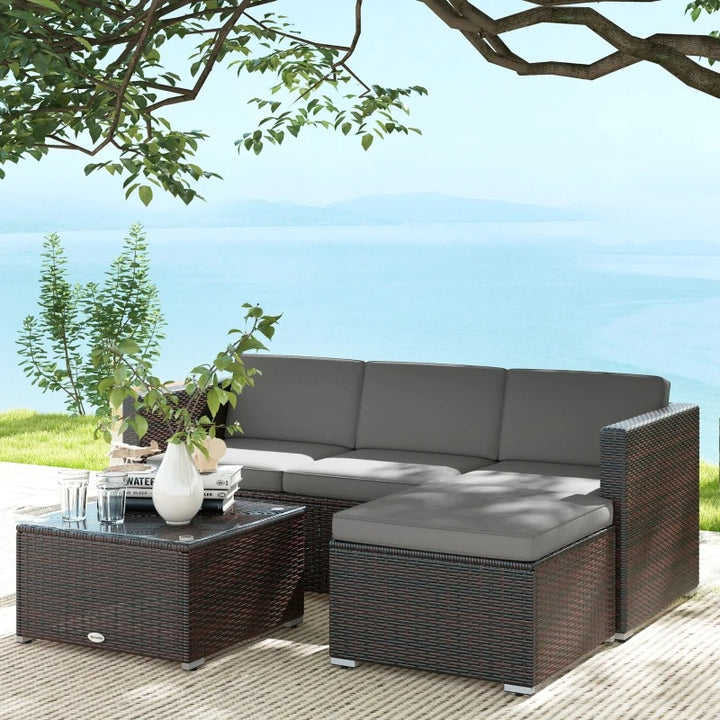 3pc Compact PE Rattan Wicker Conversation Sofa Set w/ Cushions Outdoor Patio - Brown, Grey