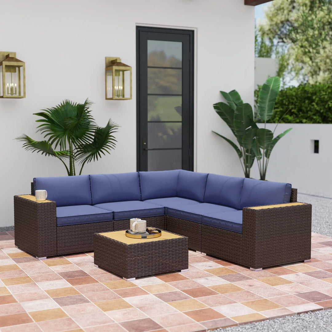 6pc 5-Seat Premium L-Shape PE Rattan Wicker Sectional Conversation Set Outdoor Patio, Brown, Blue