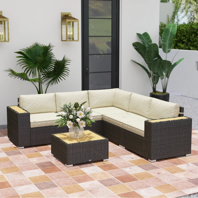 6pc 5-Seat Premium L-Shape PE Rattan Wicker Sectional Conversation Patio Set, Brown, Cream Beige