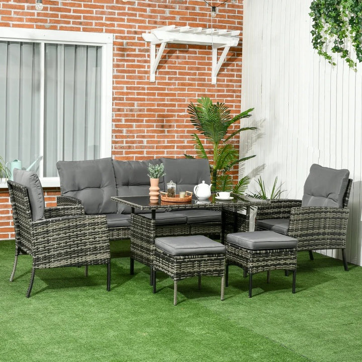 6pc PE Rattan Wicker Outdoor Dining Table Patio Sofa Furniture Set w/ Cushions, Ottomans, Grey