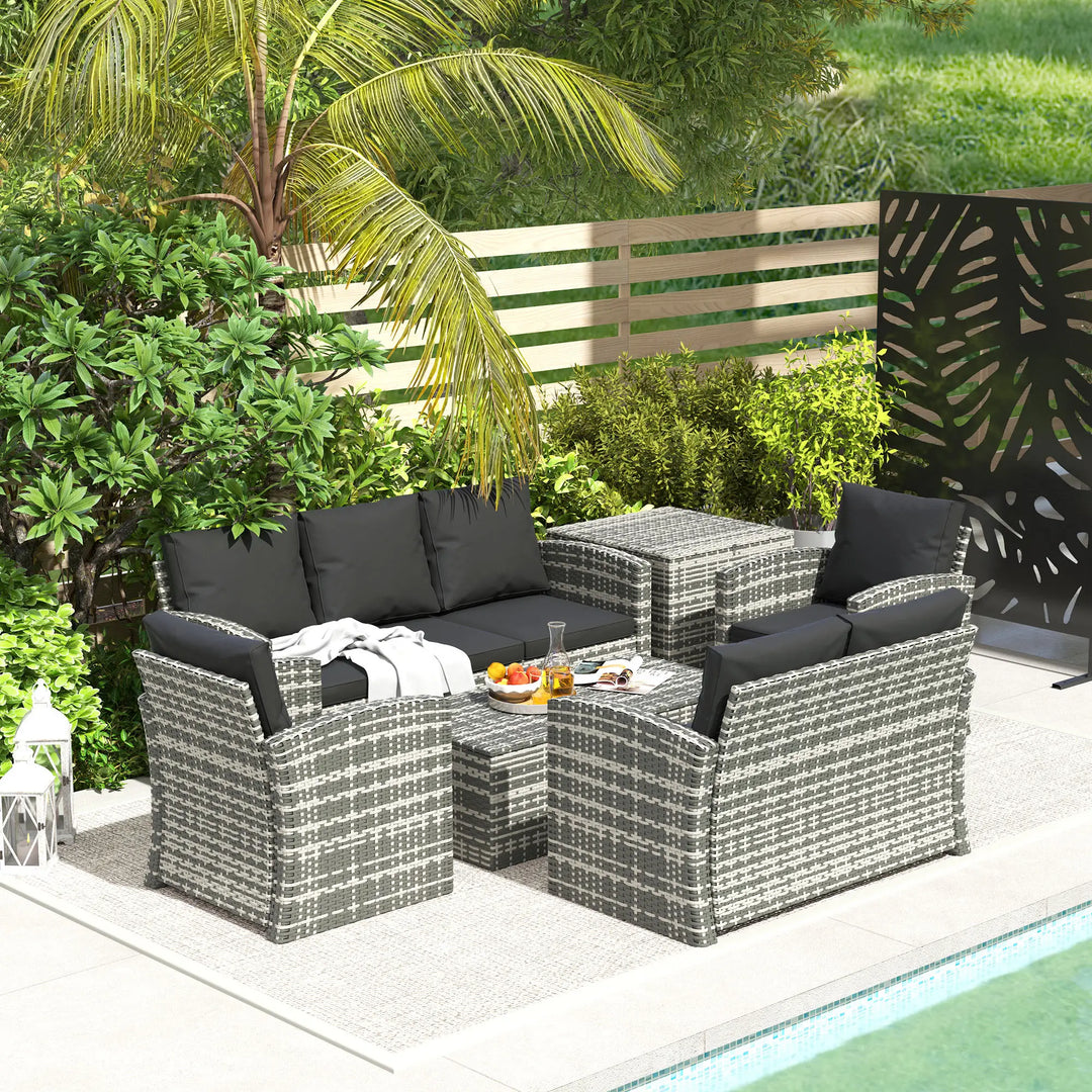 6pc 7-Seat Premium PE Rattan Wicker Conversation Outdoor Patio Set, Cushions & Storage, Grey, Black