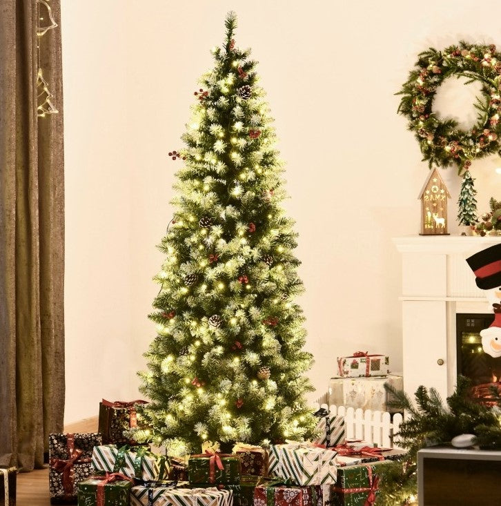 NEW 6ft 618-Tip Pre-lit Snow Tipped Artificial Pencil Christmas Holiday Tree w 300 LED Lights Green